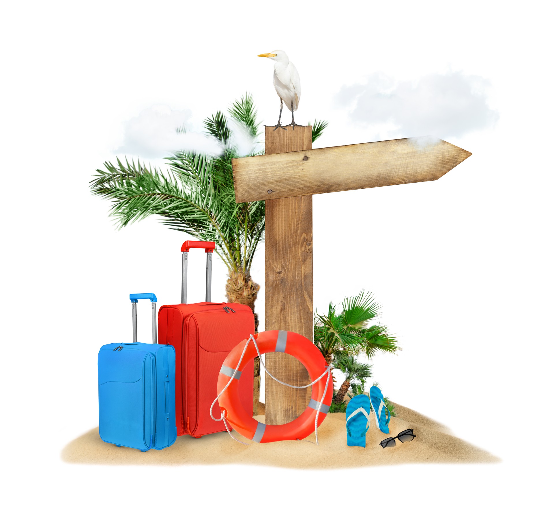 Island with directional signpost and suitcases.